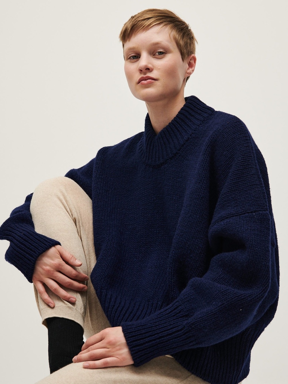 Babaa No 15 Navy Ribbed Crewneck Oversized Sweater 100% Wool - Picture 9 of 9